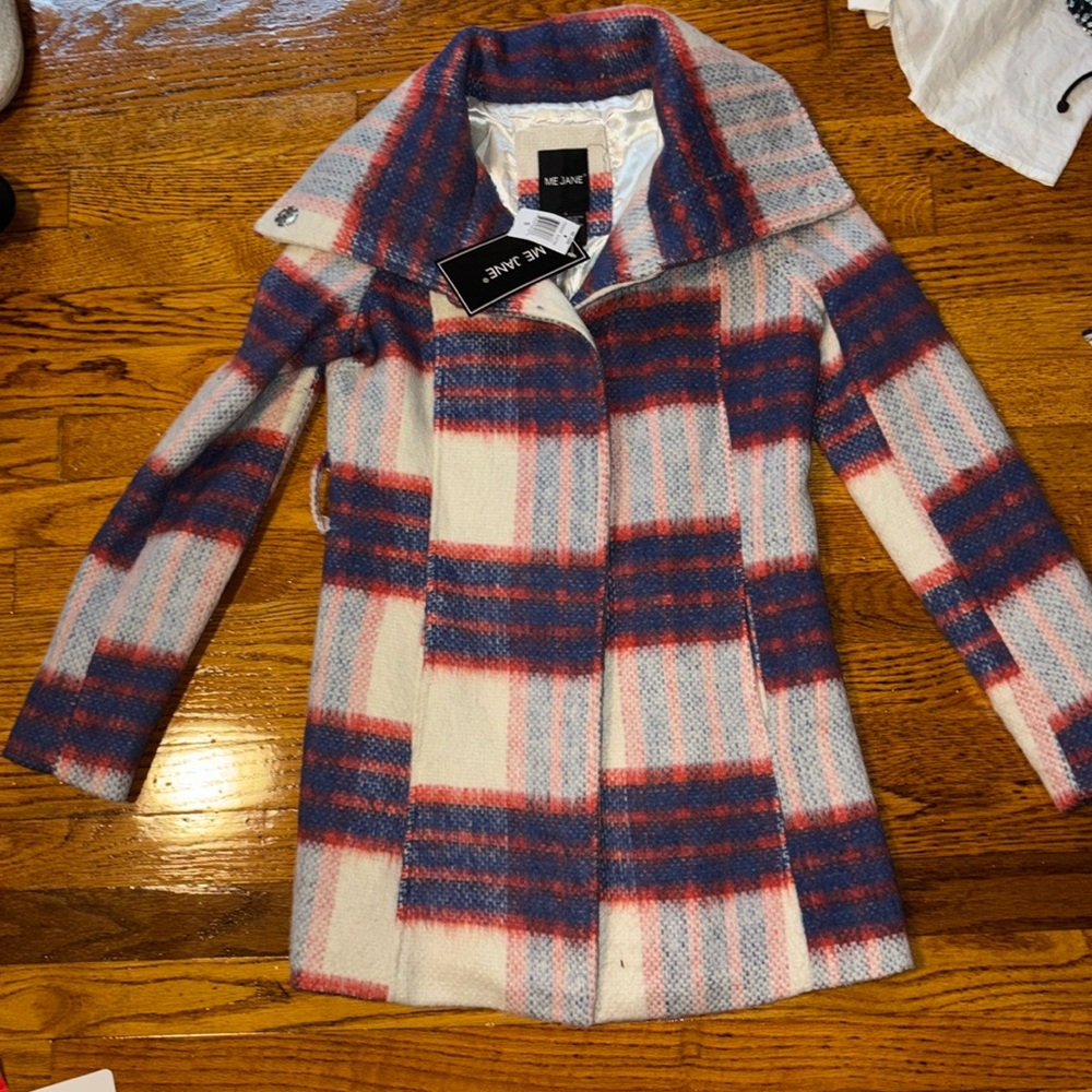 NWT Me Jane Plaid Peacoat red and blue button coat